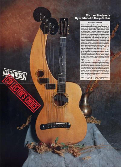 Full-spread article from magazine with photo of Harp guitar and small (unreadable) text box