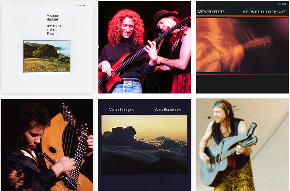 grid of images with 3 album covers and 3 photos of Michael playing guitar