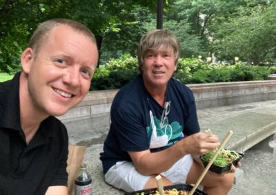 Mischa and Brendan take a break from filming for lunch in Central Park