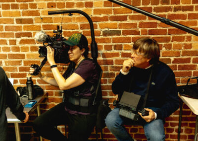 Director of Photography Clare Major and Co-Director Brendan Hedges film a scene for Oracle. Photo Credit: Monica Semergiu