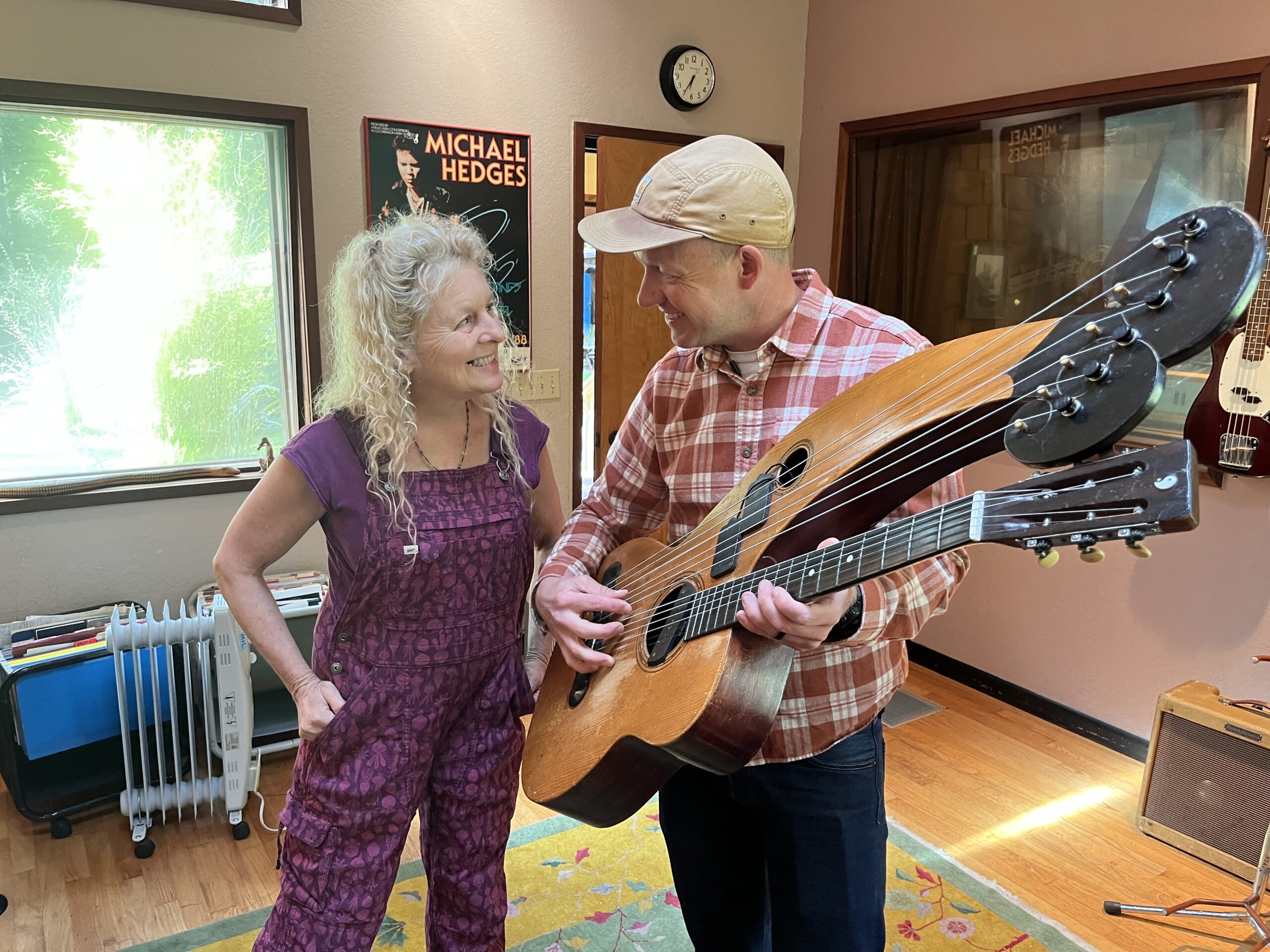 Mindy Rosenfeld and Mischa Hedges with Michael's Dyer harp guitar. Photo credit: Brendan Hedges