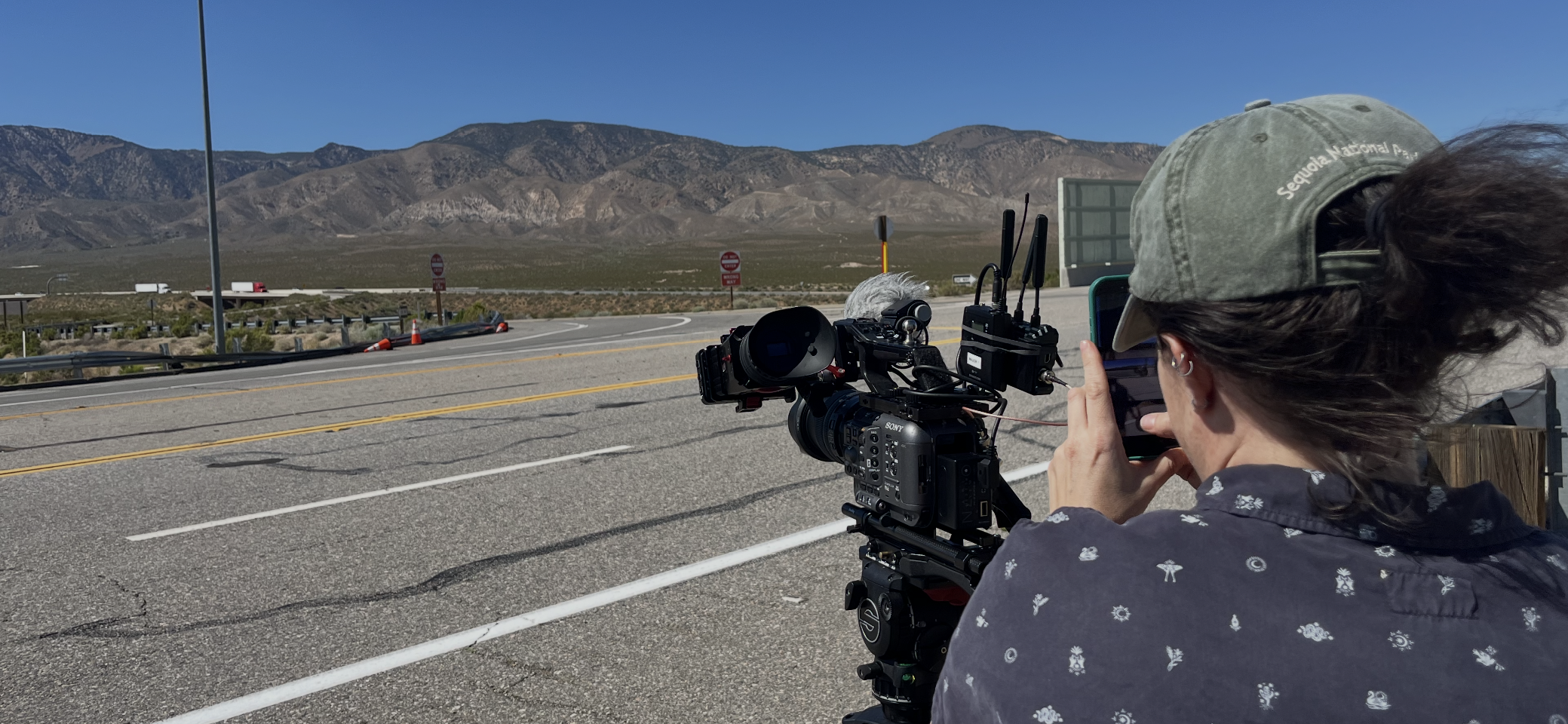 Director of Photography Clare Major films roadtrip sequence for Oracle. Photo Credit: Brendan Hedges