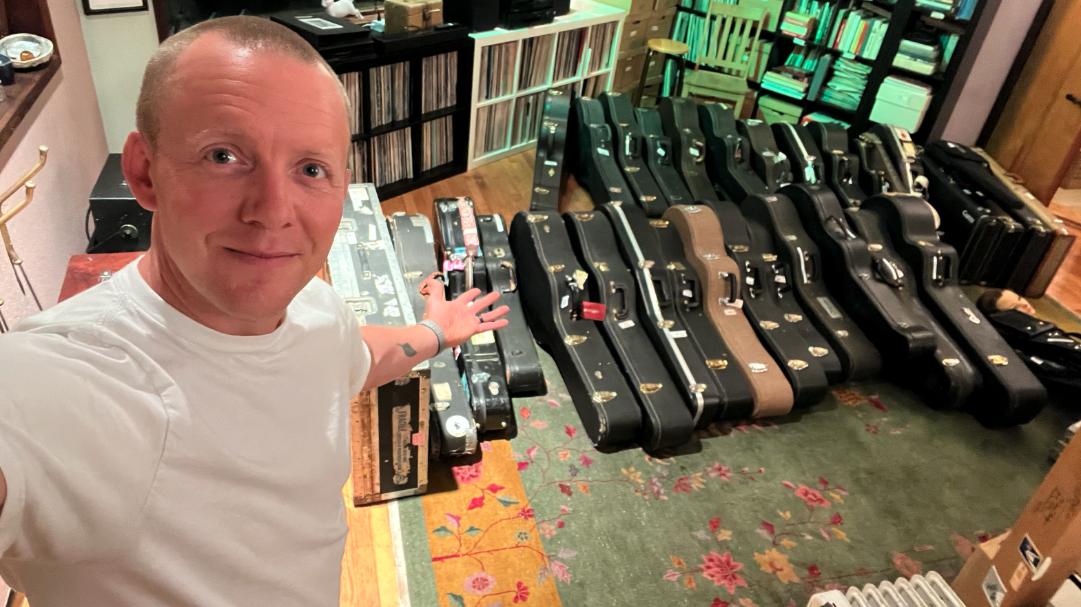 Mindy Rosenfeld and Mischa Hedges discuss Michael's guitars. Photo credit: Brendan Hedges